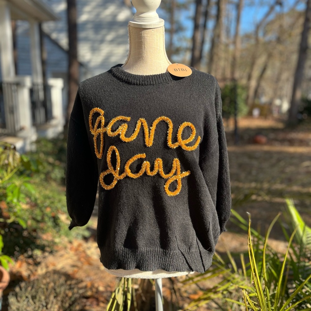 NWT BiBi Game Day Sparkle ✨ Embellished Sweater Top, Black + Gold, Large